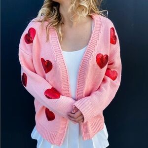 Oversized Sequin Heart Cardigan in Blush
